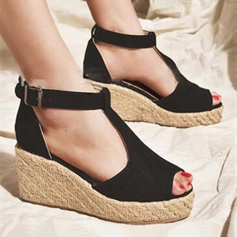 Plus Size Bohemian Women Sandals Buckle Strap Straw Platform Sandals Wedges Shoes For Women Chunky Sandals New Women Shoes