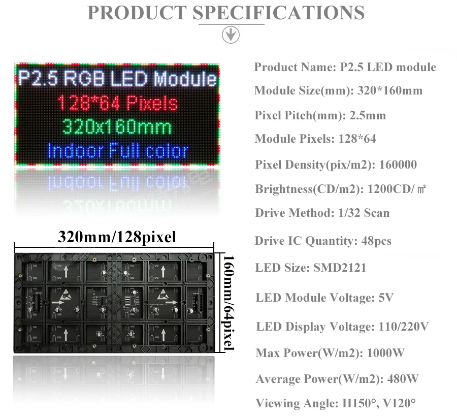 320*160 мм 128*64 пикселей 1/32 сканирования 3in1 RGB P2.5 Крытый полноцветный светодиодный дисплей модуль