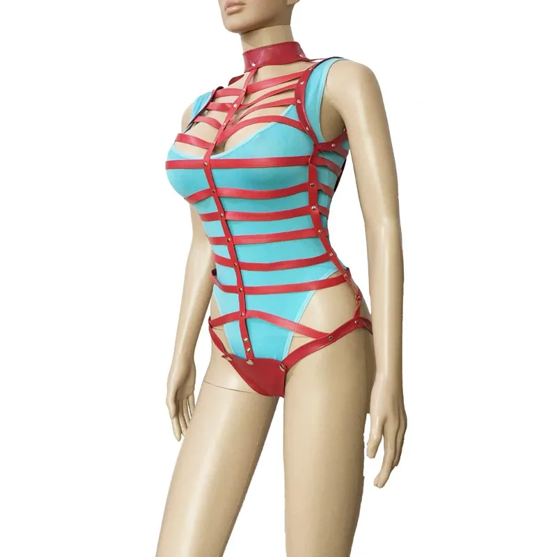 Female Sexy Leather Look Strappy Body Harness hollow out Teddy not open Crotch Bodysuit Playsuit Lingerie