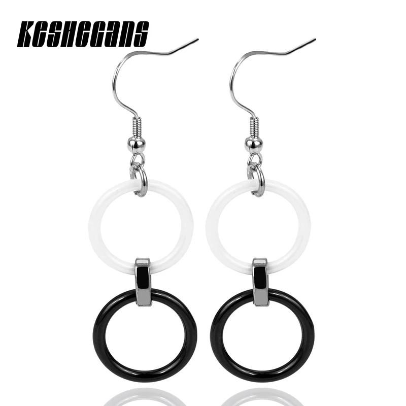 

New Classic Black White Double Circle Ceramic Women Earrings Minimalist Style Jewelry Simple Personality Style Drop Earrings