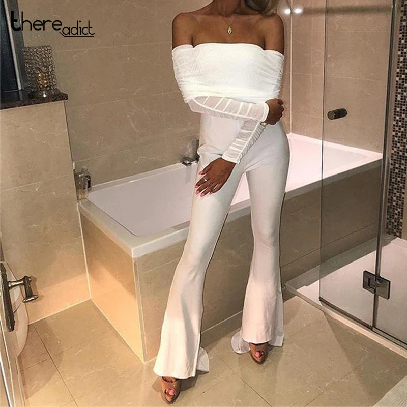

Jumpsuits For Women 2018 Summer Runway Jumpsuit Trumpet Romper Sexy Slim Leg Party Elegant Floor Length Mesh Jumpsuit White