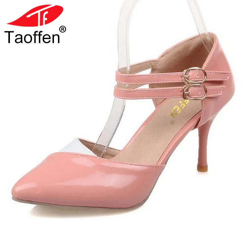 

TAOFFEN Plus Size 30-48 Ankle Straps High Heels Women Sandals Summer Shoes Ladies Pointed Toe Patent Leather Wedding Women Shoes