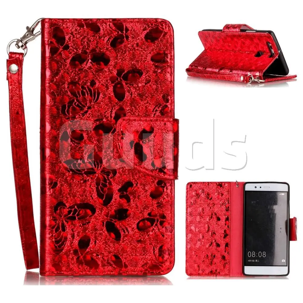 Luxury Laser Butterfly Optical Maser Leather Wallet Case for Huawei P9 - Red