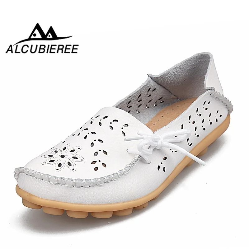 

2019 Spring Women Flats Shoes Woman Genuine Leather Flats Ladies Shoes Female Cutout Slip On Ballet Flat Loafers Big Size 34-44