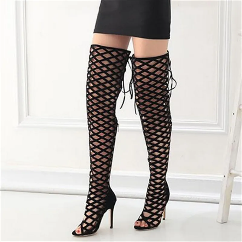 

Thigh High Gladiator Sandals Boots Women Sexy Peep Toe Netted Cut-out Over Knee Gladiator Boots High Heel Sandal