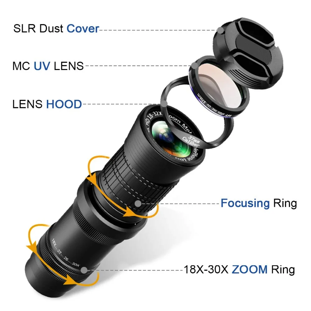 18-30X Регулируемый зум-объектив Комплект 4 в 1 штатив телеобъектив 18-30X+ MC UV фильтр+ пульт+ рыбий глаз+ макро+ широкоугольный объектив для смартфона