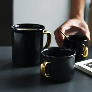 

Black Cup European Gold Stamping Ceramic Mug Lovers Breakfast Coffee Milk Tea Cup Simplicity Gift Black Tea Mug