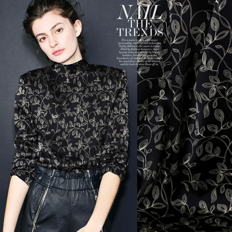 

Vintage Black Vine and Flower Vine Stretch Silk Satin Fabric By The Meter Width 42 Inch