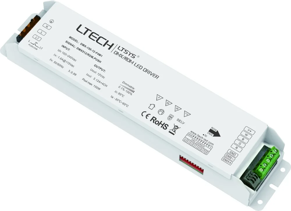 

DMX-150-12-F4M1;Constant voltage LED DMX Driver;100-240Vac;12V/0-3.12A*4CH/1-150W output