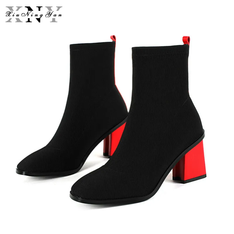 XiuNingYan квадратный каблук Для женщин; женские ботинки до середины голени; модные стразы металлический круглый носок из коровьей кожи женские замшевые туфли Вязание сапоги Для женщин