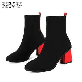 

XiuNingYan Women's Boots Round Toe Genuine Leather Ankle Boots Thick Heel High Heels Shoes Woman Female Socks Boots Women 2018