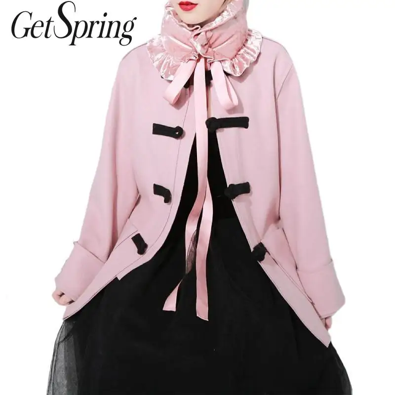 

GetSpring Women Coat Vintage Wool Coat Retro Woolen Jackets Winter Autumn Coats 2018 Jacket Women Tops Pink Black Female Jacket