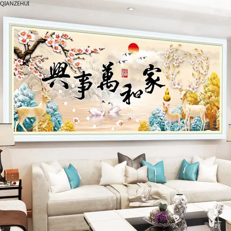 

QIANZEHUI,Needlework,100% precision printing DIY Landscape, elk, mother and child full embroidery cross stitch,Wall Home Decro