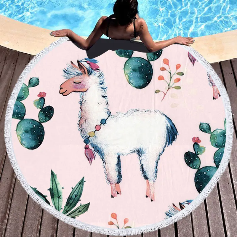 

Funny Grass Mud Horse Printed Beach Towels Brand Microfine Round Blanket Mat High-quality Compressed Cute Unicorn Beach Towel