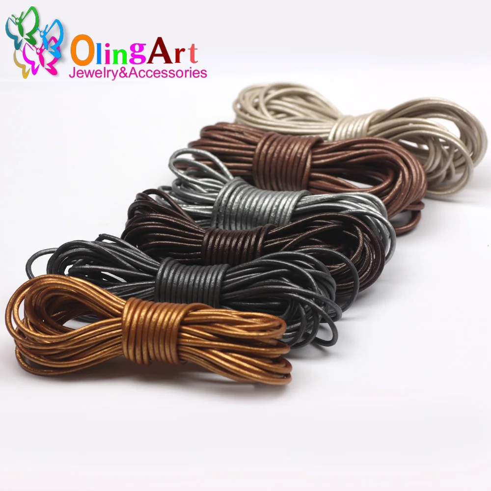 OlingArt 2mm 5 메터/몫 공예 색상 라운드  가죽 코드 황금 실버 DIY 목걸이 팔찌 귀걸이 초커 쥬얼리 만들기