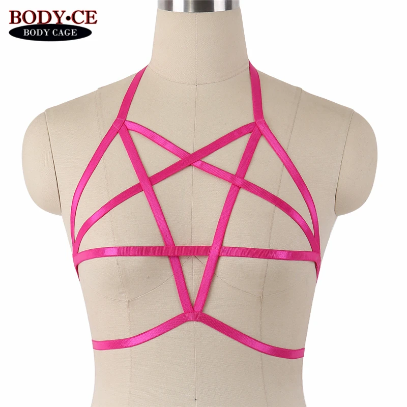 

BODY CAGE 10Pcs Rose Red Harness Bra Pentagram Bondage harness Black Elastic Strap Tops Chest Lingerie Women Fetish Goth Belt