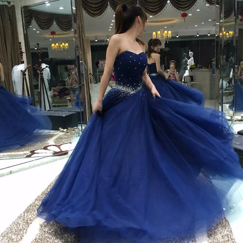Navy Blue Long Prom Dresses 2017 Sweetheart Beaded A Line Rhinestones Customized Graduation Gowns Cheap vestido para formatura