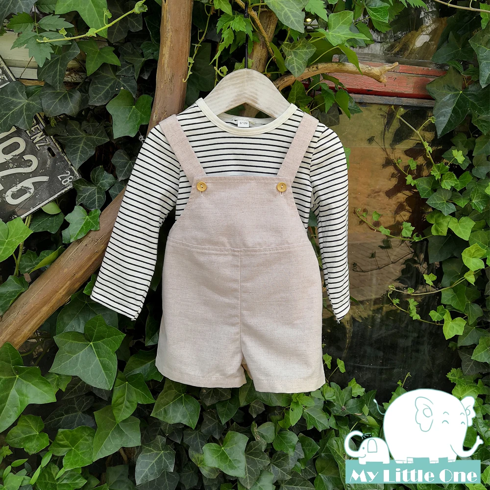

My little one 2019 Striped Tshirt and Linen/Cotton bib pants shorts Set boy