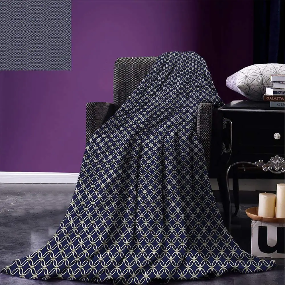 Navy Blue Throw Blanket Oriental Retro Round Entangled Ring Shapes Chain Pattern Antique Classical Warm Blankets for Beds Navy Blue Throw Blanket Oriental Retro Round Entangled Ring Shapes Chain Pattern Antique Classical Warm Blankets for Beds
