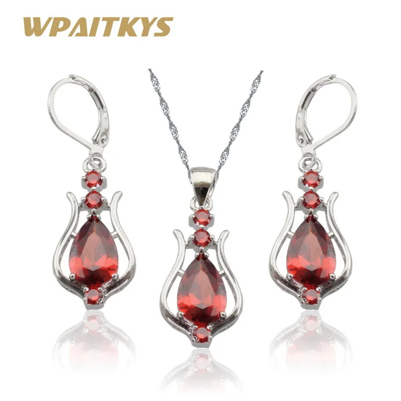 

WPAITKYS Red Cubic Zirconia Silver Color Necklace Pendant Long Drop Earrings Jewelry Sets For Women Free Gift Box