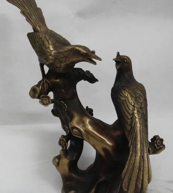 

9" Chinese Fengshui Copper Two Bird Play plum blossom Xi Shan Mei Shao Statue