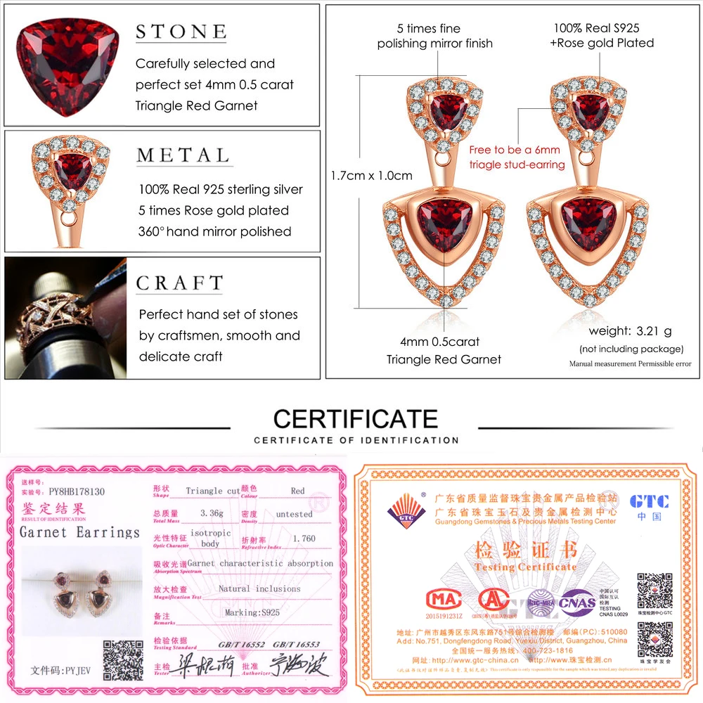 Lamoon Triangle 4mm 100% Natural Red Garnet 925 Sterling Silver Drop Earrings S925 Fine Jewelry LMEI011