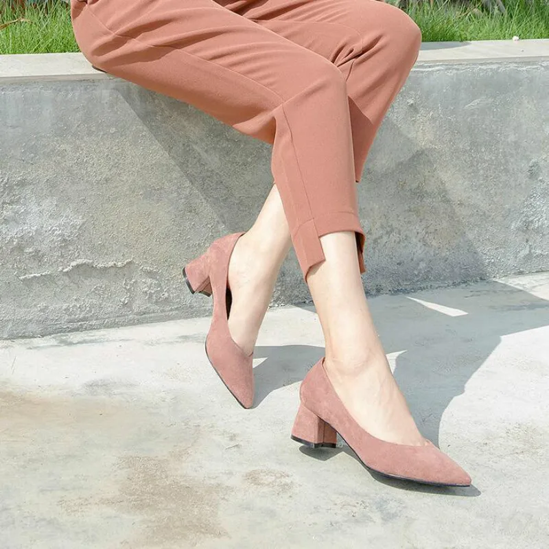 

Dwayne Pointed Toe High Heels Thick Hoof Heels Shallow Mouth Ladies Pumps Spring Single Shoes Wedding Shoes Women High Heels