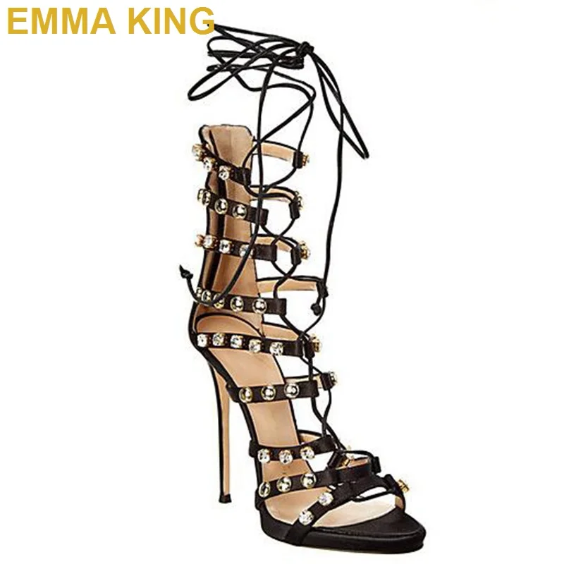 EMMA KING/ г. роскошное украшение кристаллами, гладиаторские сандалии на высоком каблуке женские сандалии с перекрестными ремешками на лодыжке пикантные туфли на шпильке
