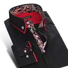 2017 Spring Men’s Long-Sleeve Casual Slim Fit Shirts Double Layer Collar Button-Down Printed Patchwork 100% Cotton Dress Shirts