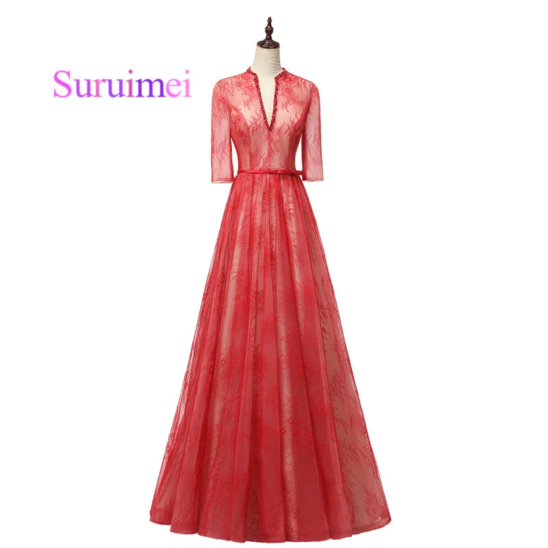 

Elegant 2019 Hot Sale Robe de Soiree With Lace Satin A-line Half Sleeve V-neck Mother of the Bride Dresses Floor Length