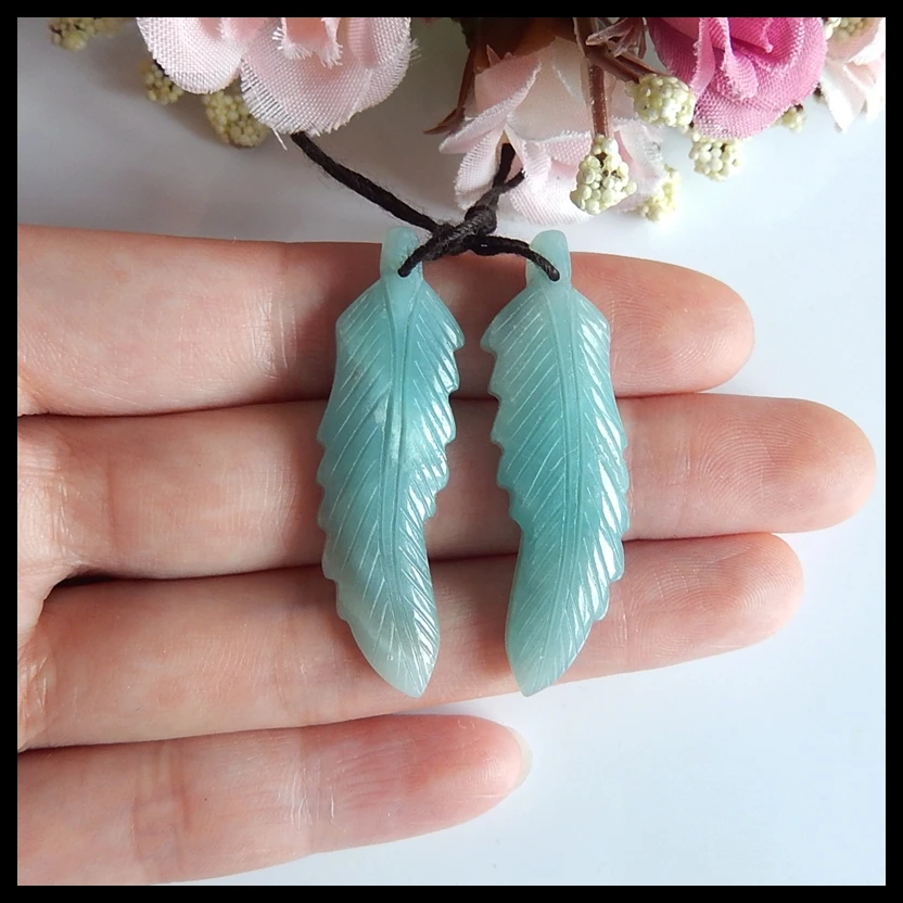 

Wholesale Semi-precious stones Jewelry accessories Natural Amazonite carved leaves Earrings,44x13x5mm,7.8g
