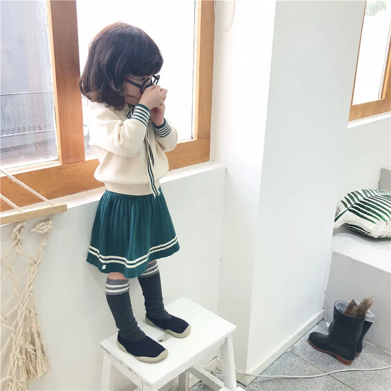 Autumn and Winter New Girls College Skirt Suits Little Kids Wind Wool Rabbit Sweaters Sets Toddler Baby Long Sleeve Clothes