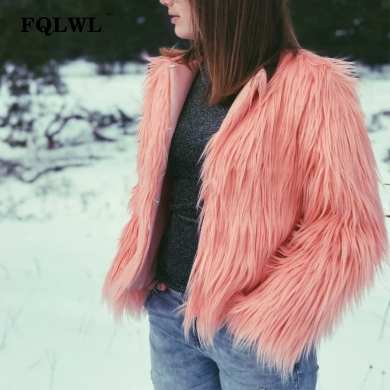 FQLWL, теплое пальто из искусственного меха, Женская куртка размера плюс, черное, белое, розовое, плюшевое пальто, женская красочная зимняя, осенняя, мохнатая верхняя одежда