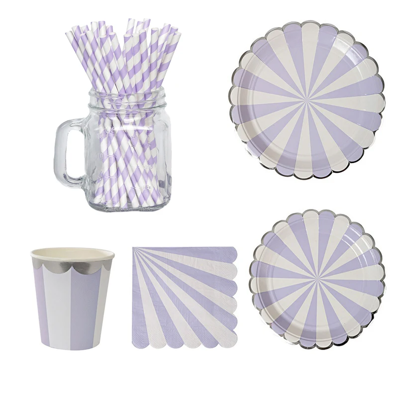 Birthday Party Disposable Tableware Purple Paper Straws Wedding Anniversary Paper Plates Cup