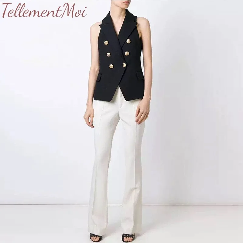 Women Vest Jacket Classic Double Breasted Suit Waistcoat Solid V Neck Sleevless Elegant Office Lady Lapel Blazer Coat Outerwear