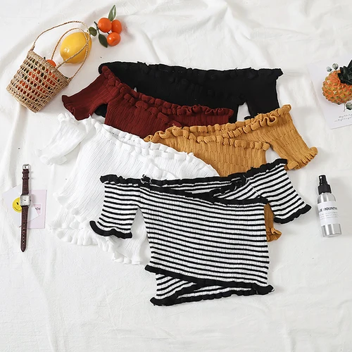 

Genayooa Knitted T Shirt Cropped Off the Shoulder Tops For Women V-neck Sexy Crop Top Summer Style T shirt Women Vogue 2019