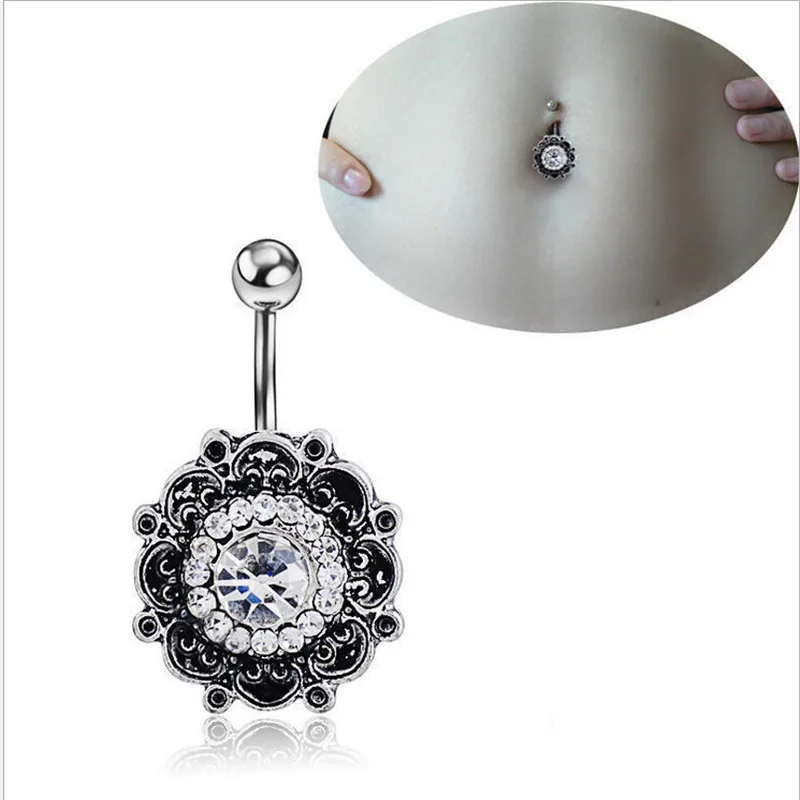 Retro Flower Dangle Belly Button Rings Sexy Crystal Double Piercing Barbell Stainless Steel 