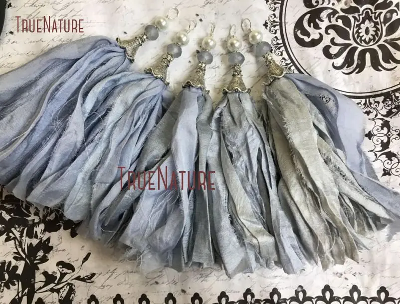 TPO14374-New Color Shimmering Soft Blue Tassel Tassels Handcrafted Tassel Pendant Sari Silk Tassel Bohemian Tassels Pendant Antique Silver Bead Cap_2