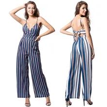 Wide Leg Jumpsuits Women 2019 New Sleeveless V Neck Striped Jumpsuit Overalls Lace Up Cut Out Jumpsuits Rompers