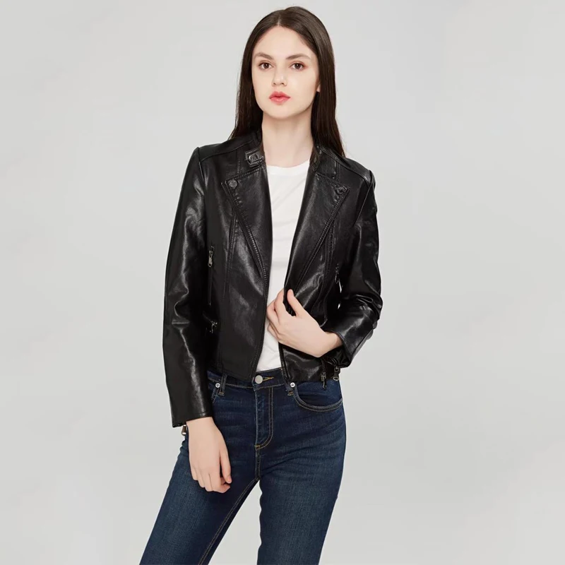 Женская мотоциклетная куртка TMODA273 черная из искусственной кожи на молнии