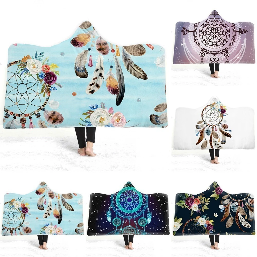 Wholesale Customize Feather 3d Print Dreamcatcher Spot Plush Hooded Blanket Adults Kid Warm Home Picnic Wearable Fleece Blankets Blankets Aliexpress