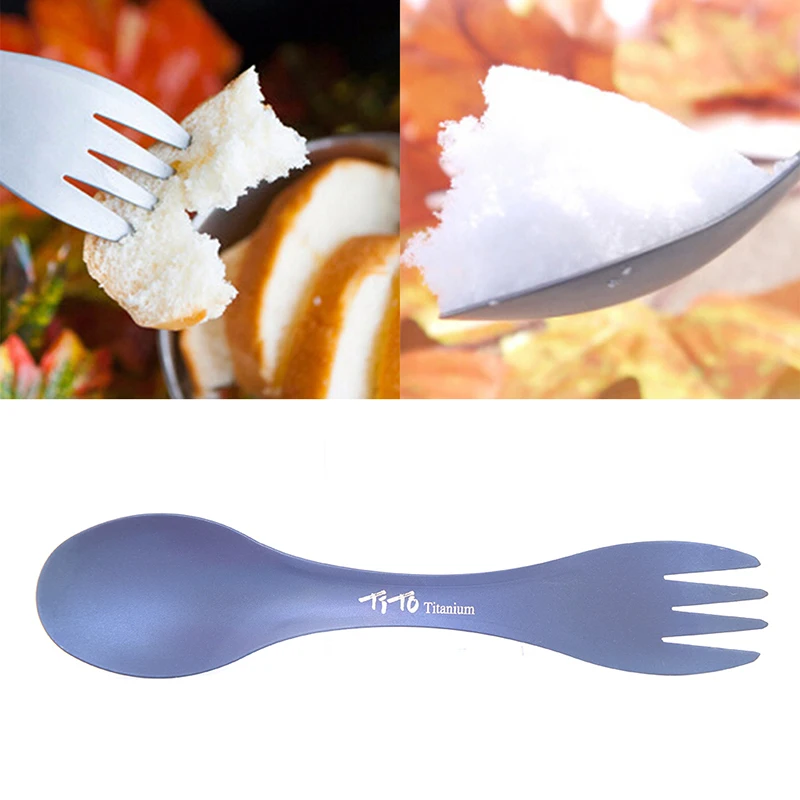 1pc Mini Portable Outdoor Camping Picnic Titanium Spoon Tableware Titanium Fork Ultralight Pure Titanium Spork