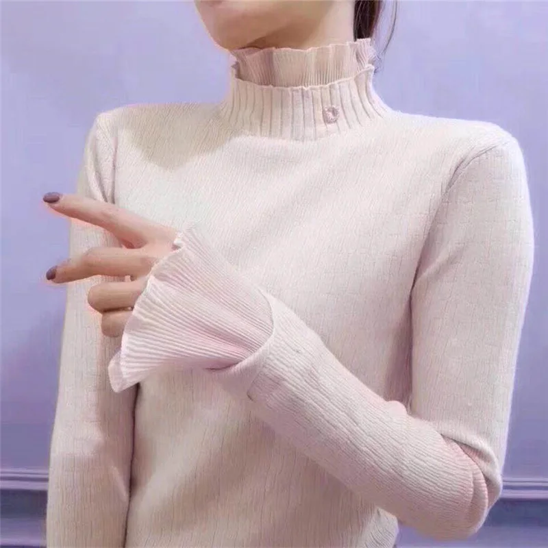  Ruffled Collar Autumn Winter Women Pullovers Sweater Knitted Elasticity Casual Jumper Fashion Slim Winter Warm Female Sweaters