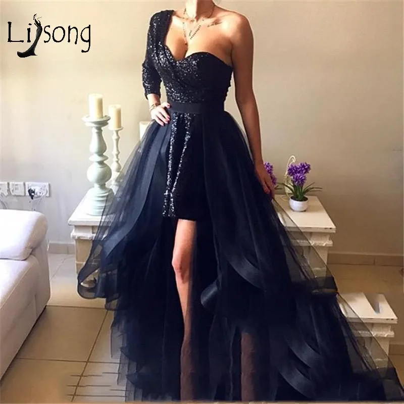 

Fashion Black Sequined Prom Dresses With Detachable Train 2 Pieces Prom Gowns 2019 Ruffles High Low Party Dress Robe De Soiree