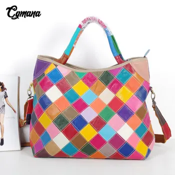 

100% Genuine Leather Women Handbag 2019 Colorful Natural Leather Patchwork Shoulder Bag Large Capacity Casual Tote Bag Women bag