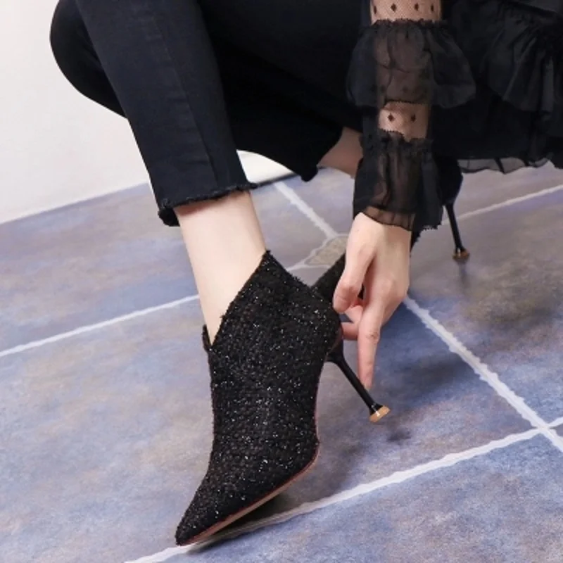 

Fashion personality pointed temperament check bare boots sexy exquisite high heels 18 autumn and winter new boots