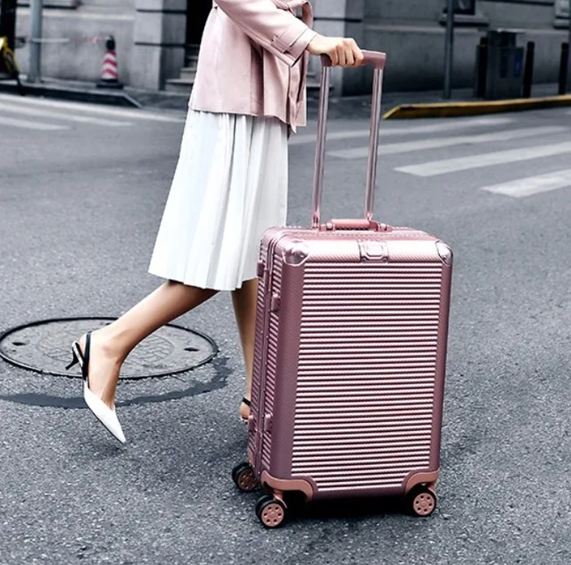 Алюминиевая рама+ PC чемодан на колесиках, Дорожный чемодан с колесом, мужской чемодан на колесиках, Женская многоколесная переноска, 2" 24" 2" 29" коробка - Цвет: Розовый