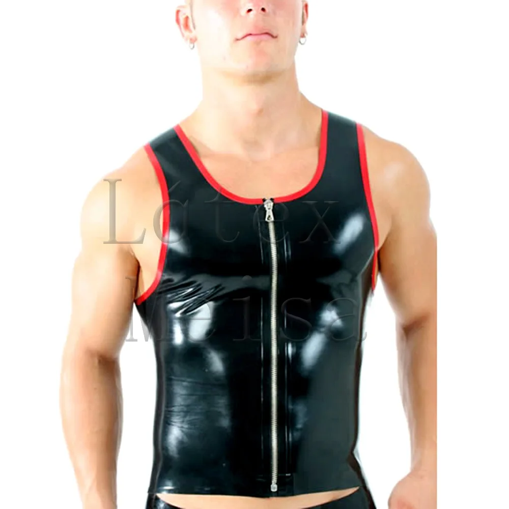 

0.4mm thickness latex vest front zipper design men latex tops in black with red trim decorations