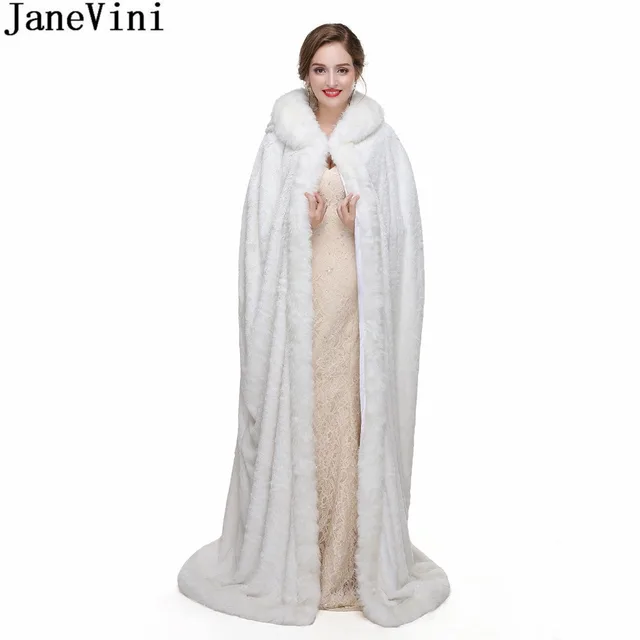 Price JaneVini Princess Bolero White Fur Cape Winter Hooded Long Faux Fur Wrap For Brides Wedding Shrug Jacket Party Cloaks Shawl 2018