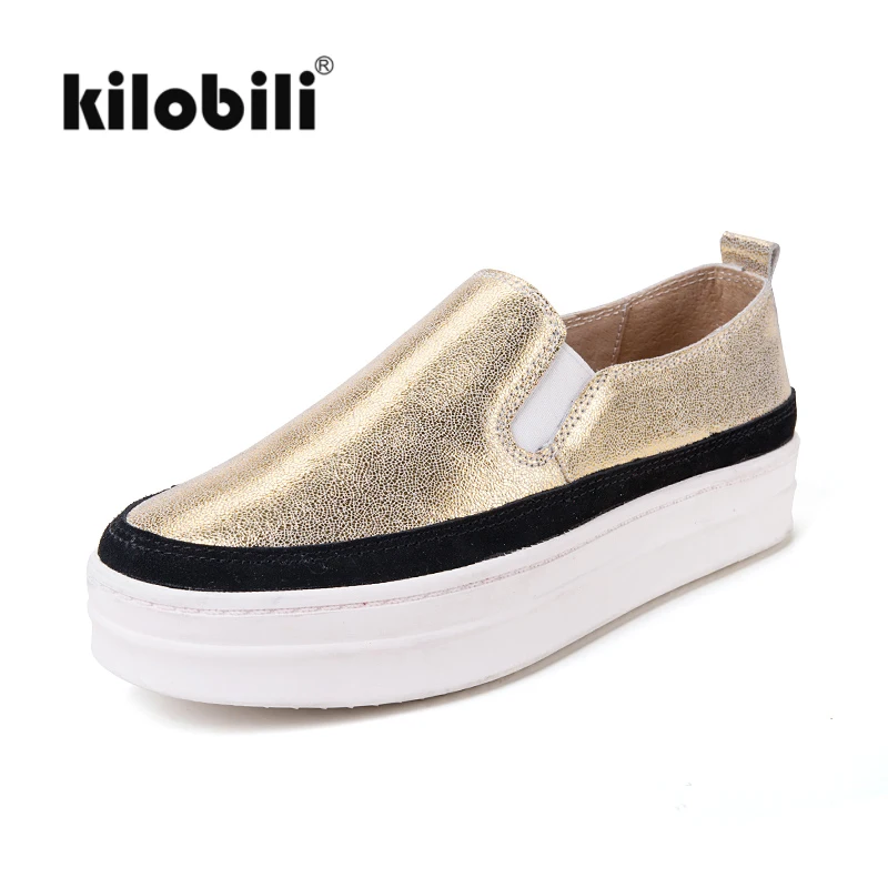 

kilobili 2018 Spring Women Leather Flats slip on platform flat shoes Bling Women Genuine Leather Sneakers thick soled Creepers